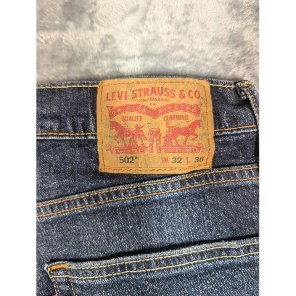 Levis 502 Jeans Mens 32x36 Blue Regular Tapered Leg Stretch Denim Distressed